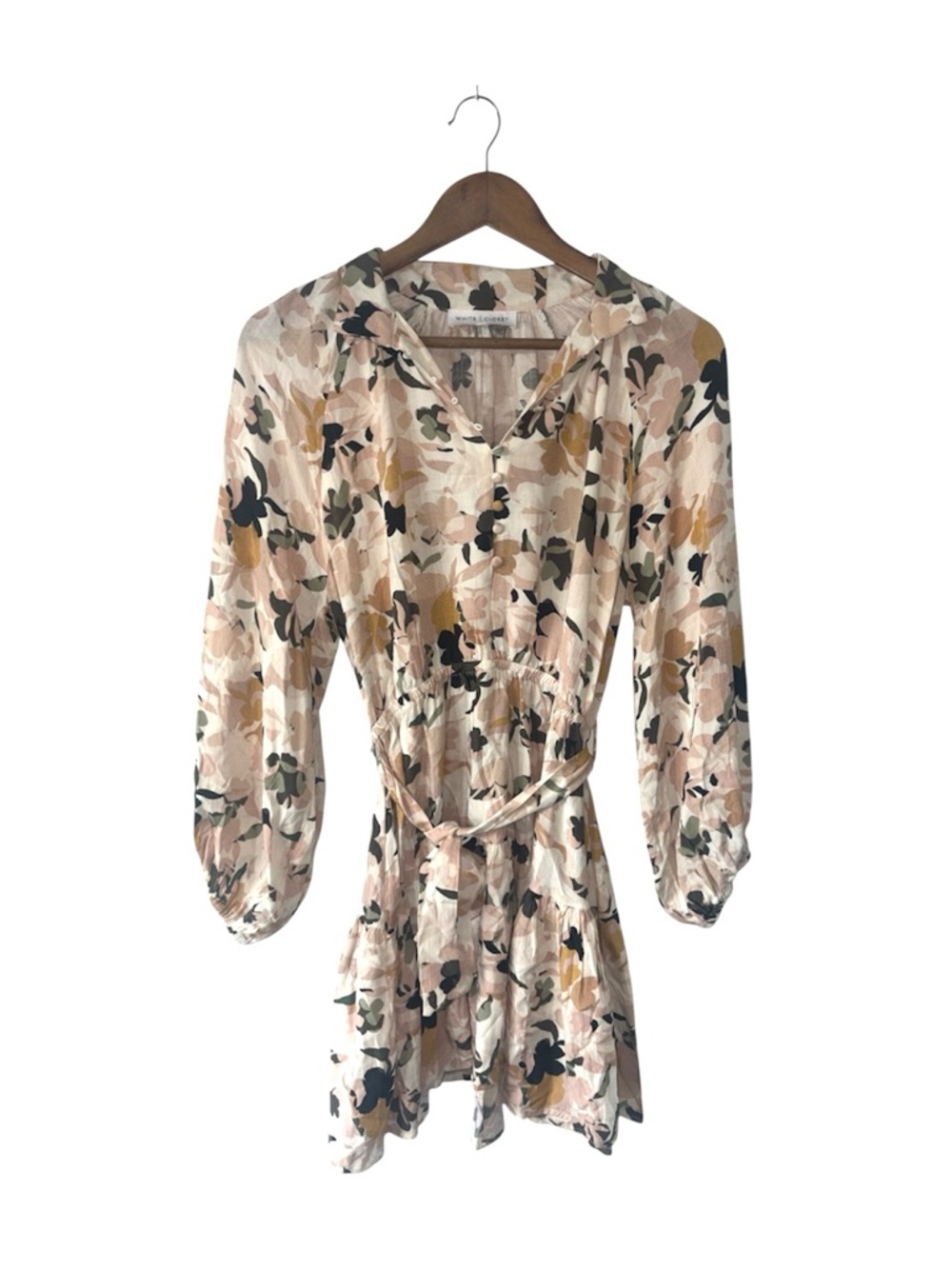 White Closet Beige Pink Floral Long Sleeve Boho Dress Buttons Mini Midi Size 10